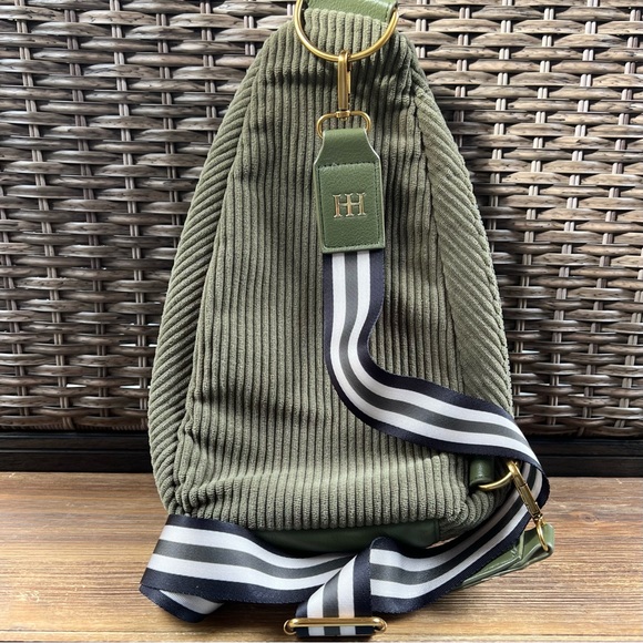 Haute Hippie Olive Corduroy Sling Bag – Gold Hardware, Striped Strap - Picture 5 of 12